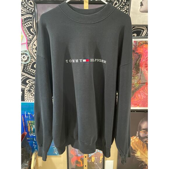 Vintage 90s Tommy Hilfiger Black Crewneck Sweater Charcoal Gray XL Made In USA - Picture 1 of 8